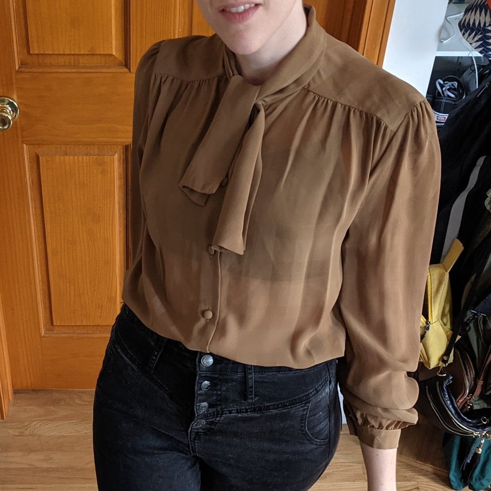 Vintage Brown Tie-neck Blouse - Size 12